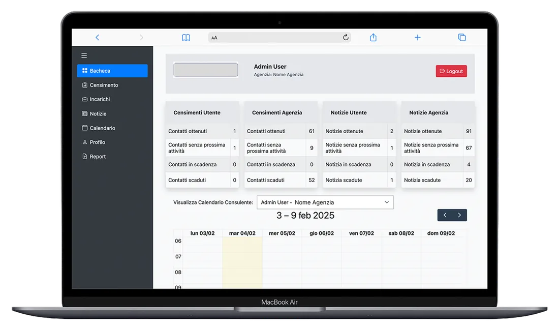 Gestionale su MacBook: bacheca, censimenti e calendario consulenti